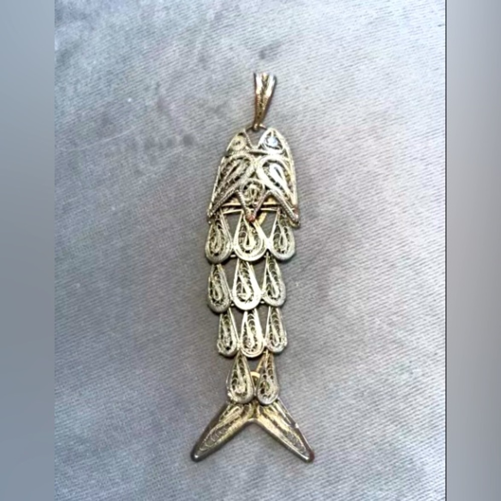 Large Italian Sterling Filagree Articulating Fish Pendant